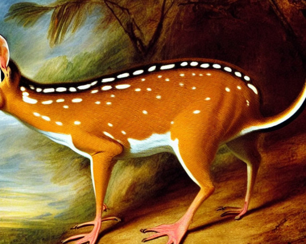 Imaginary creature with deer body and bird-like feet in forest setting