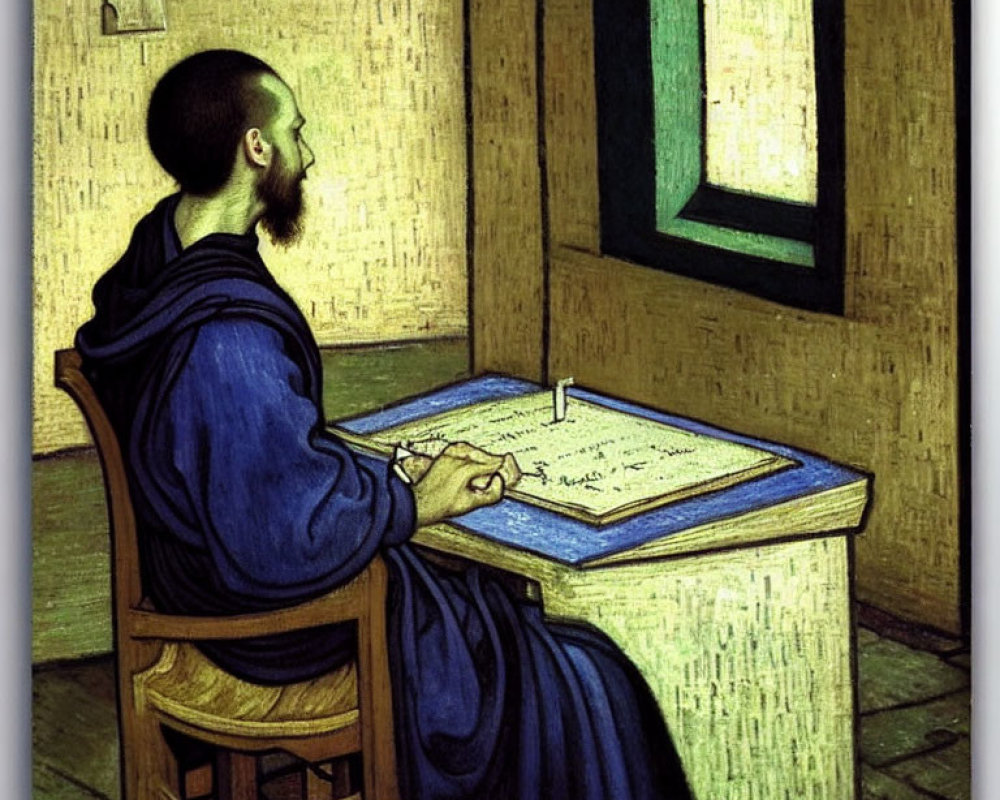 Monk in blue robe writing at wooden desk in green room