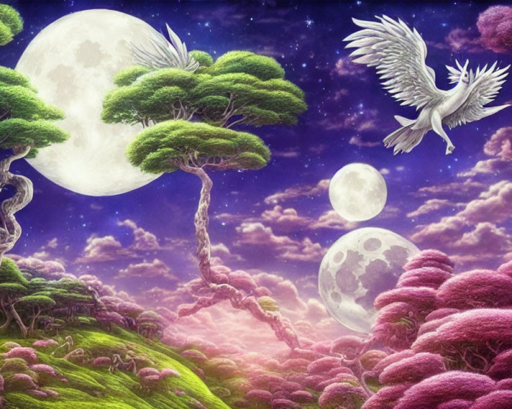 Fantastical landscape with pink clouds, multiple moons, flying creature & whimsical trees