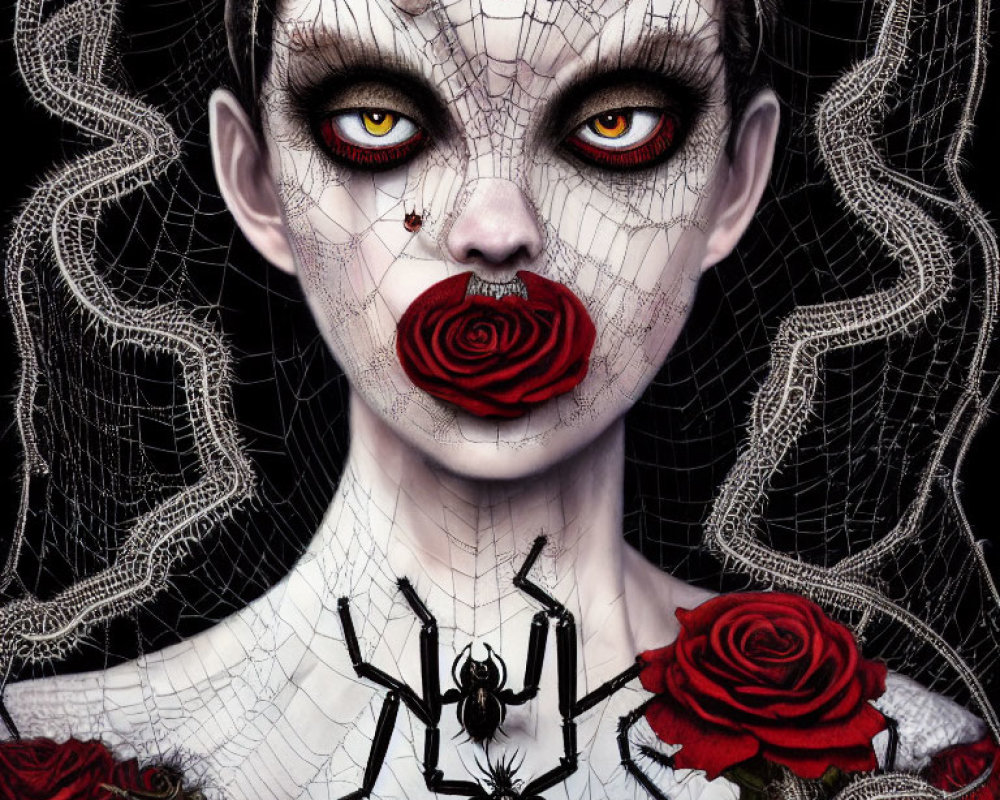 Portrait with spider-web makeup, spider detail, rose motifs, and embellished eyes.
