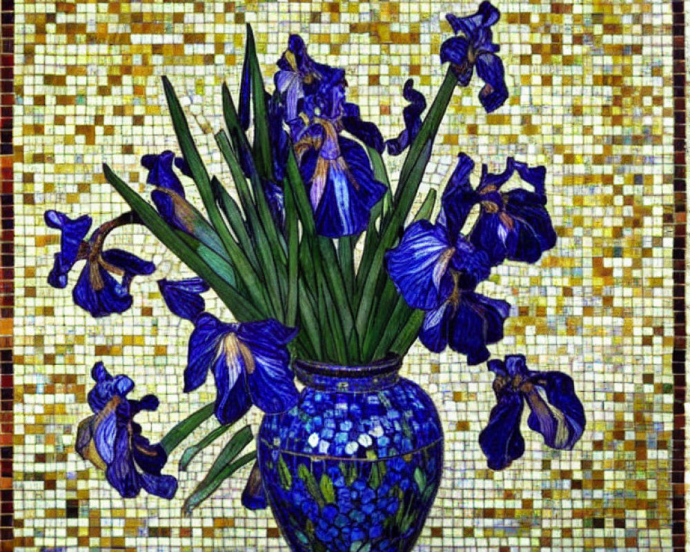 Blue Iris Vase Mosaic on Golden Tiles