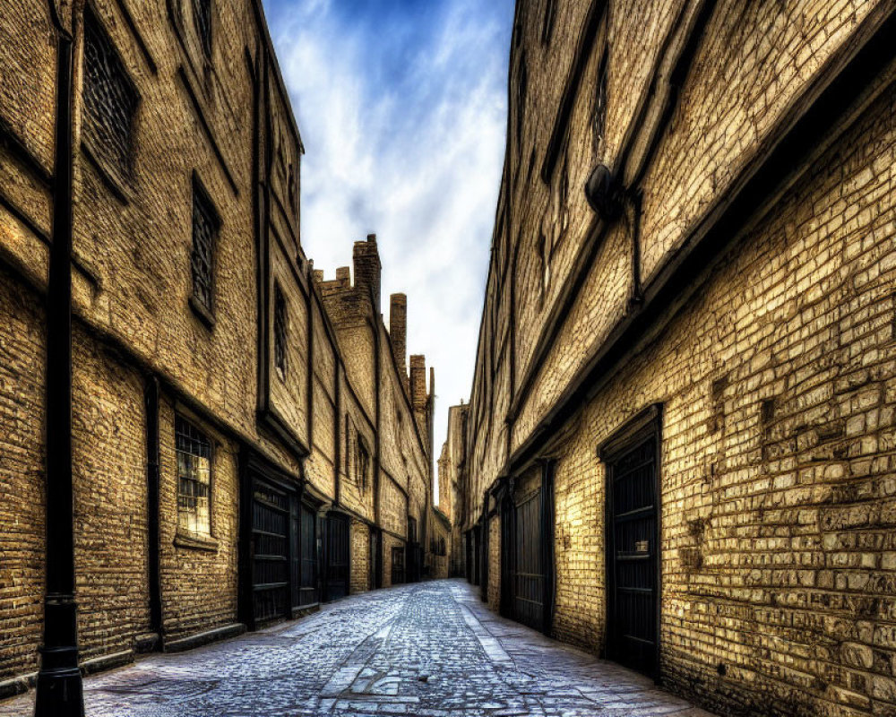 Historic cobblestone alley between old brick buildings under deep blue sky