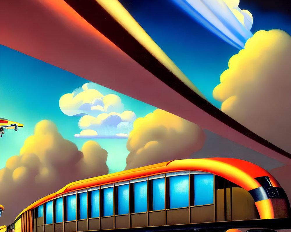 Colorful Futuristic Train Painting Under Dramatic Sky