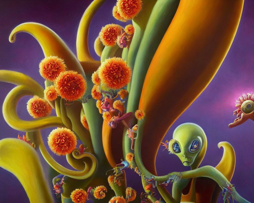 Alien-themed surreal painting with twisted plant-like forms and creatures in purple background