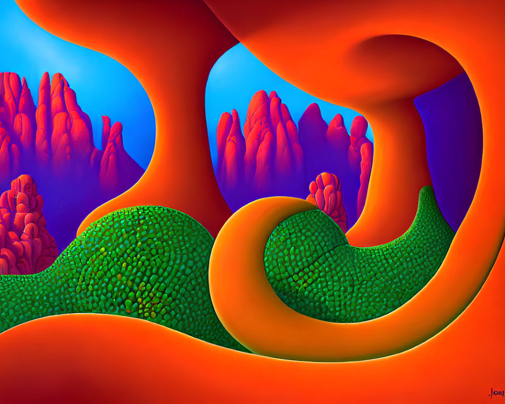 Colorful digital artwork: orange wave-like structures, green hills, blue background, red rocks.