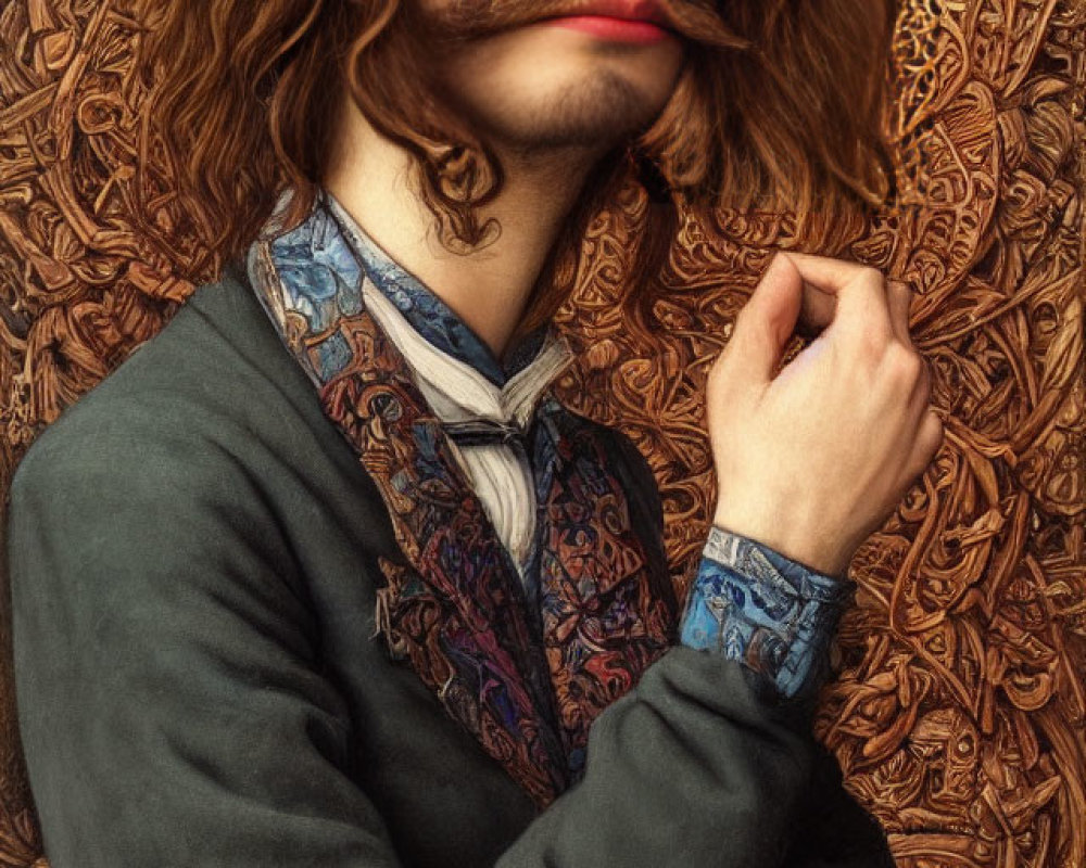 Portrait of a person with long wavy hair and a pronounced mustache in vintage attire against an orn