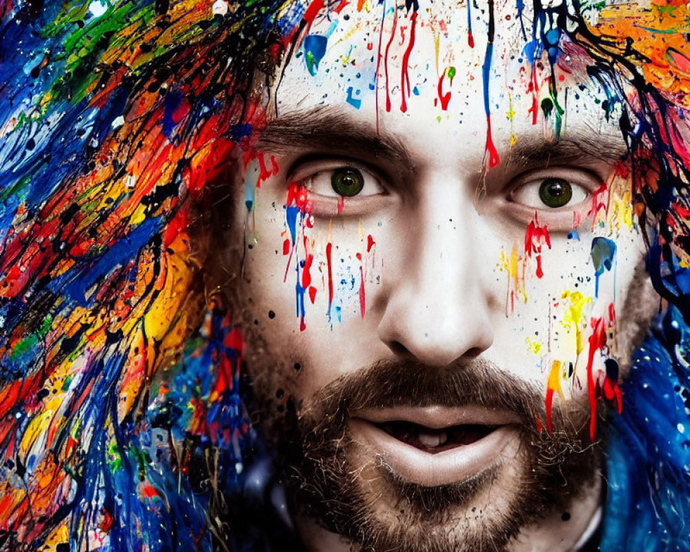 Bearded man with intense gaze covered in colorful paint on blue backdrop