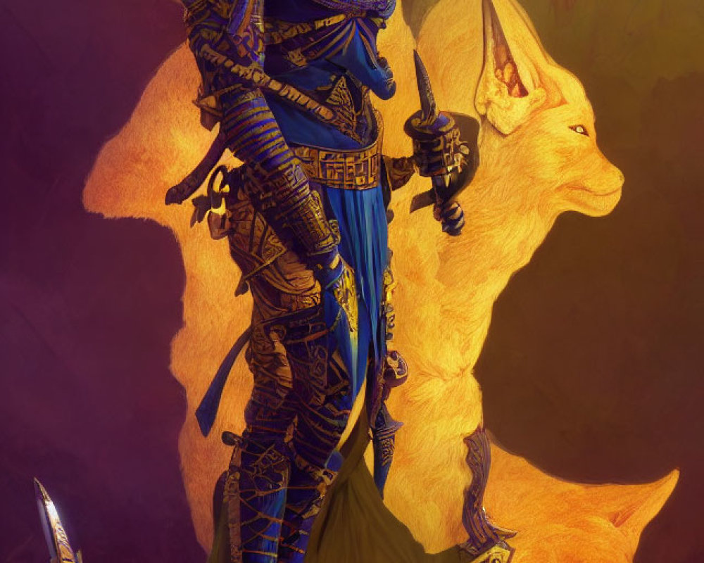 Armored warrior with blue and gold detailing beside spectral fox spirit