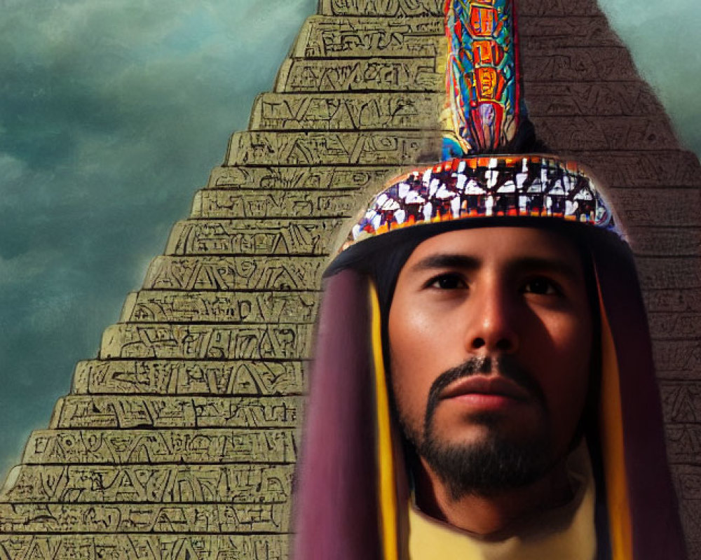 Digital portrait of man in ancient Egyptian pharaoh attire with headdress, pyramid background.