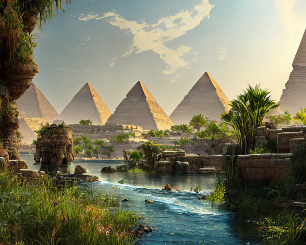 Lush Riverbank Oasis with Egyptian Pyramids on Blue Sky