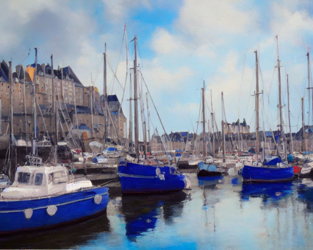 Serene harbor painting with blue boats and old buildings