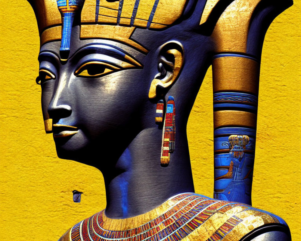 Ancient Egyptian Pharaoh Statue in Blue and Gold Headdress on Yellow Background