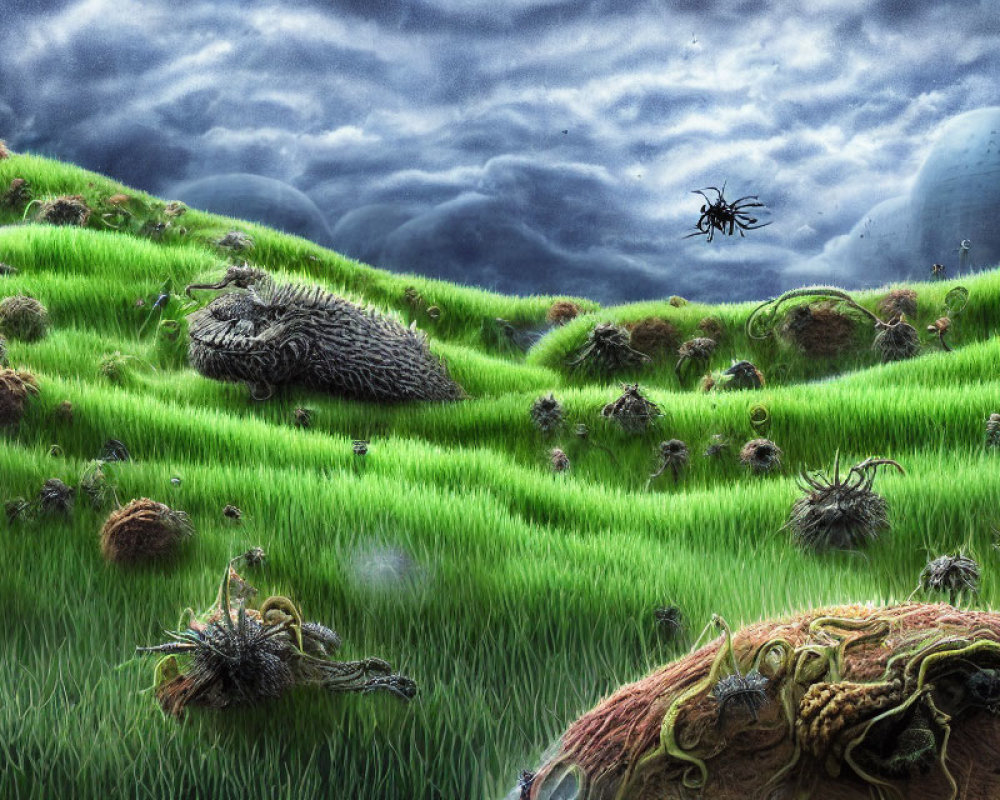 Surreal landscape featuring giant spider, strange creatures, and ominous clouds