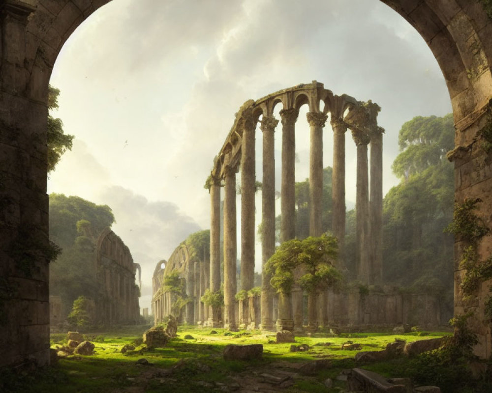 Ancient Ruin with Towering Columns and Lush Greenery