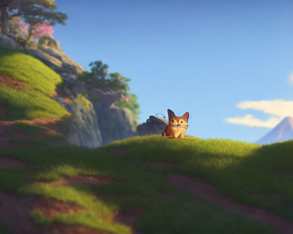 Wide-eyed creature peeking from lush green hillside under sunlit sky with distant mountain.