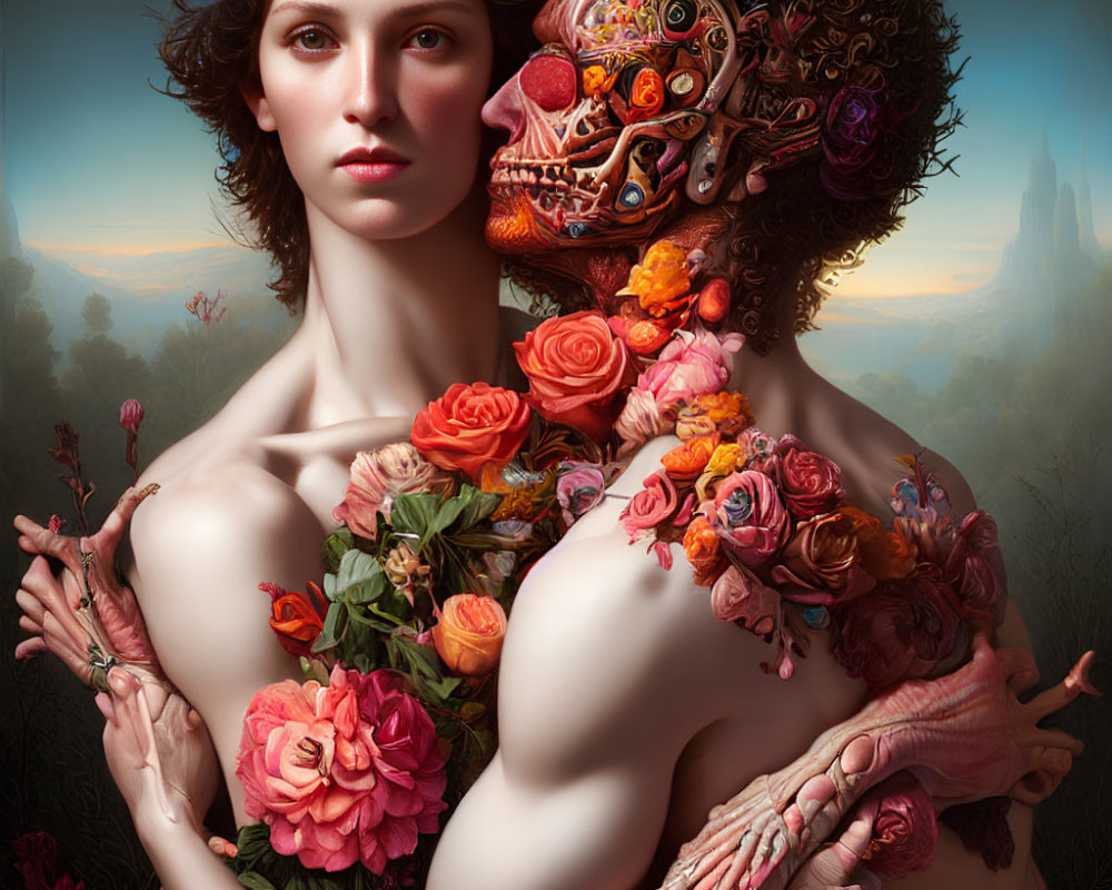 Surreal portrait of figures merging with floral and skull elements