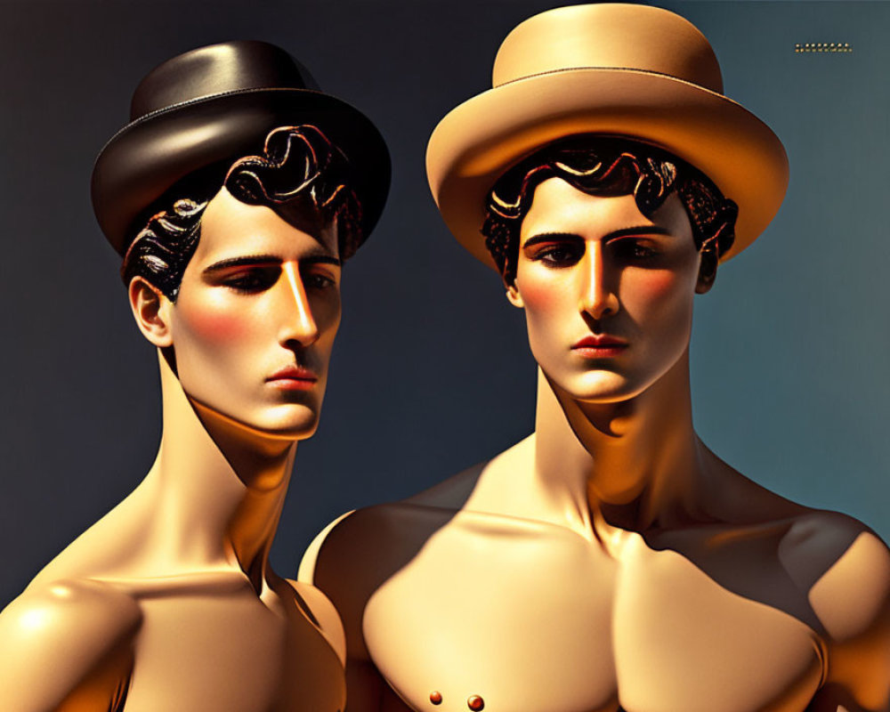 Glossy mannequin heads with vintage hats on neutral backdrop