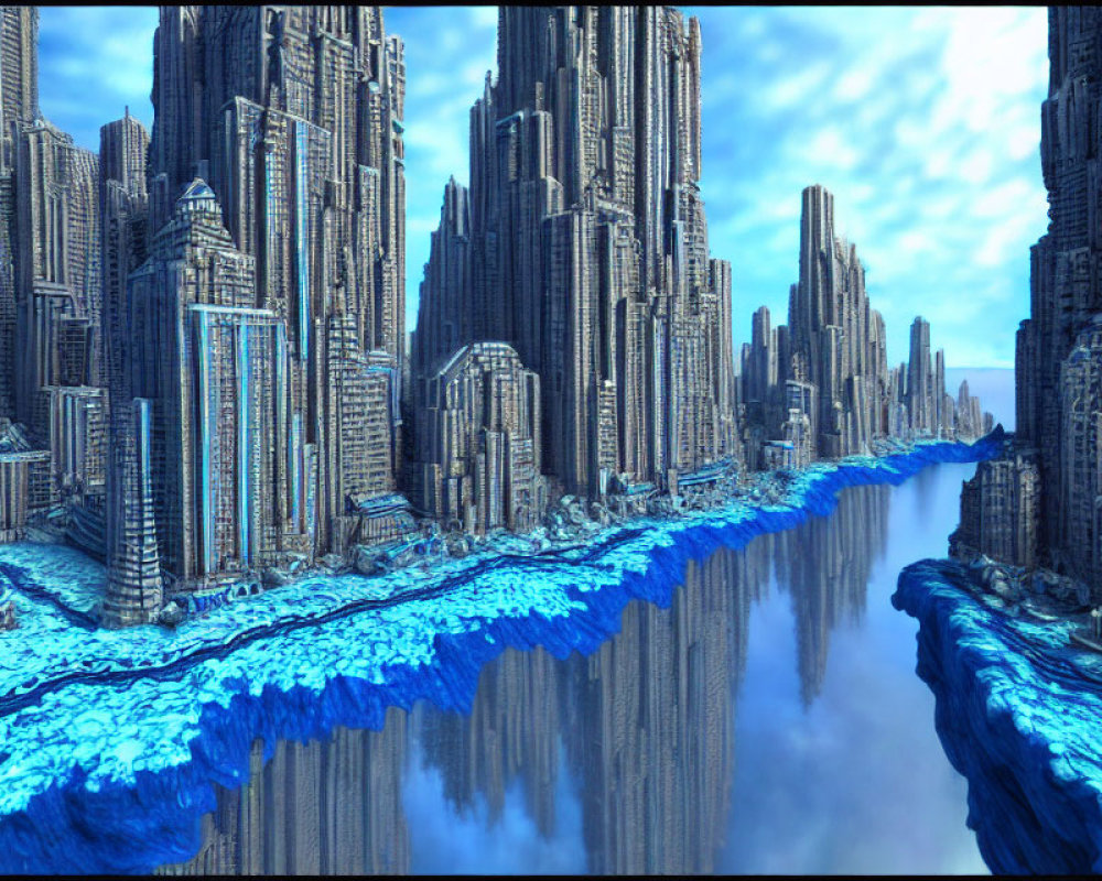 Futuristic cityscape with tall skyscrapers and glowing blue river