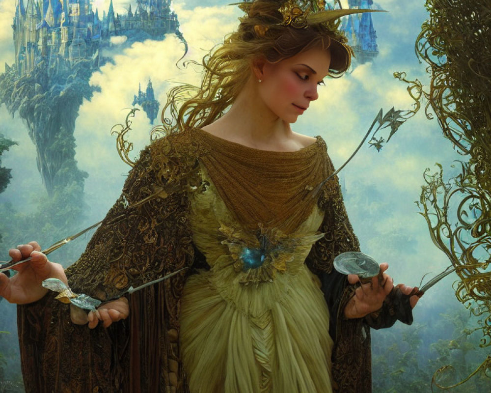 Regal woman in golden dress with balance scale in enchanted forest