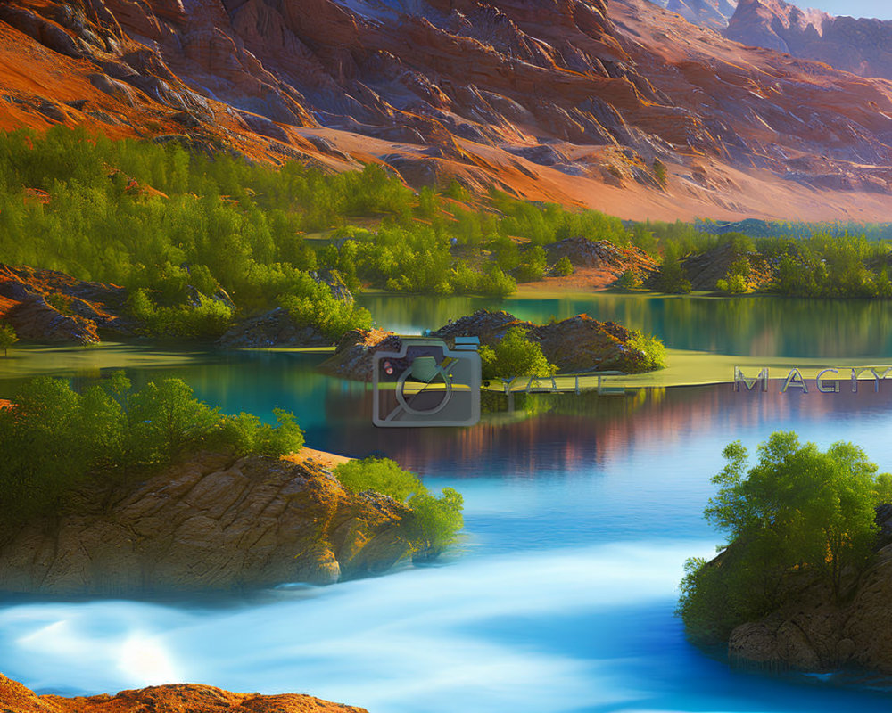 Scenic landscape: turquoise river, rocky terrain, lush greenery, clear blue sky
