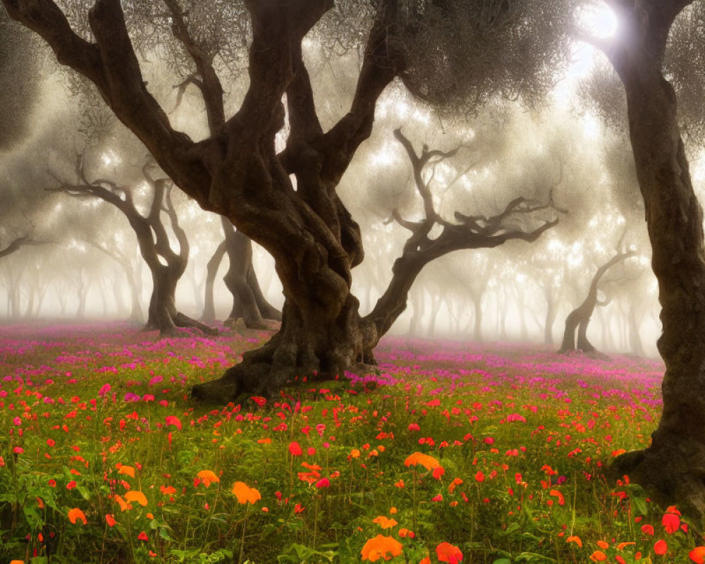Misty Grove with Gnarled Trees and Pink & Orange Flowers