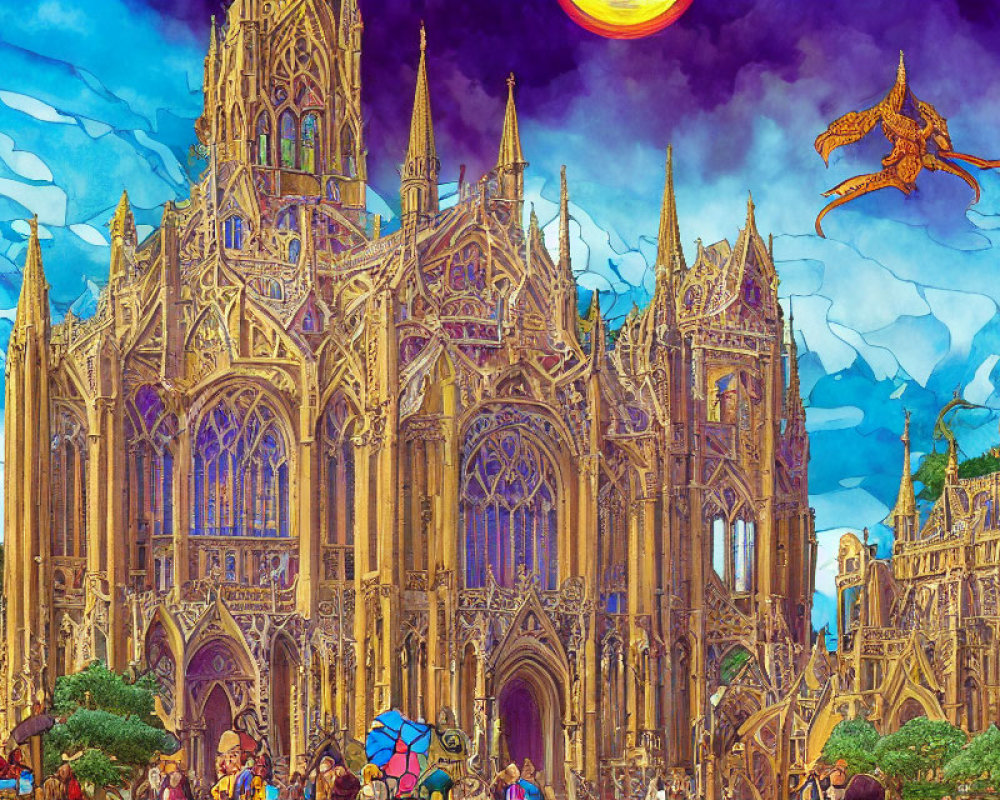 Fantastical cathedral with vibrant crowd, dragon, and surreal sun.
