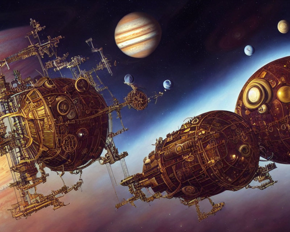 Steampunk-style spacecrafts orbiting gas giant planet with other planets in the background