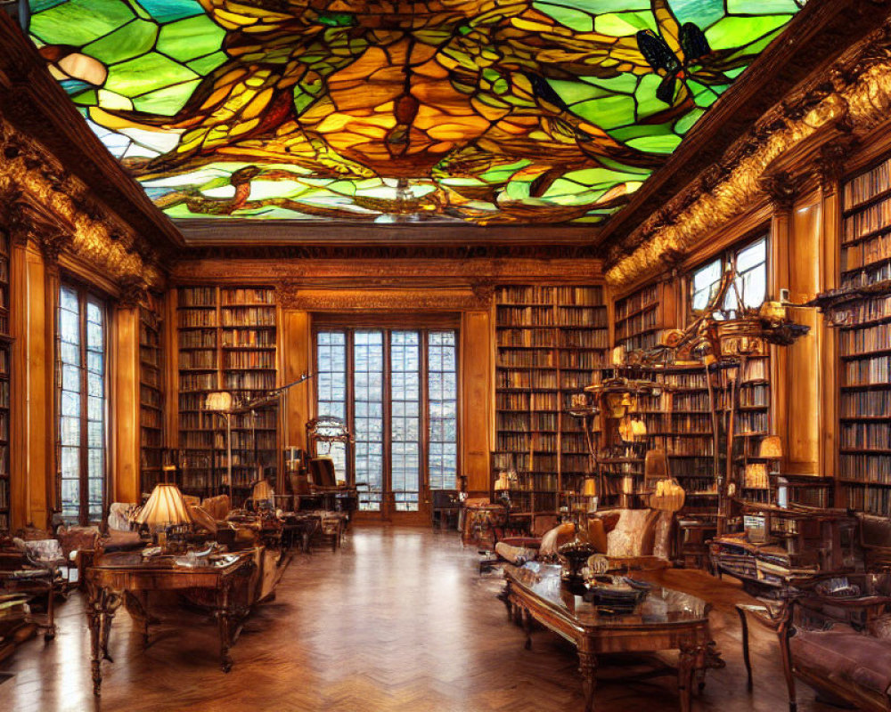 Luxurious library with wood paneling, stained-glass ceiling, vintage furniture, and extensive book collection