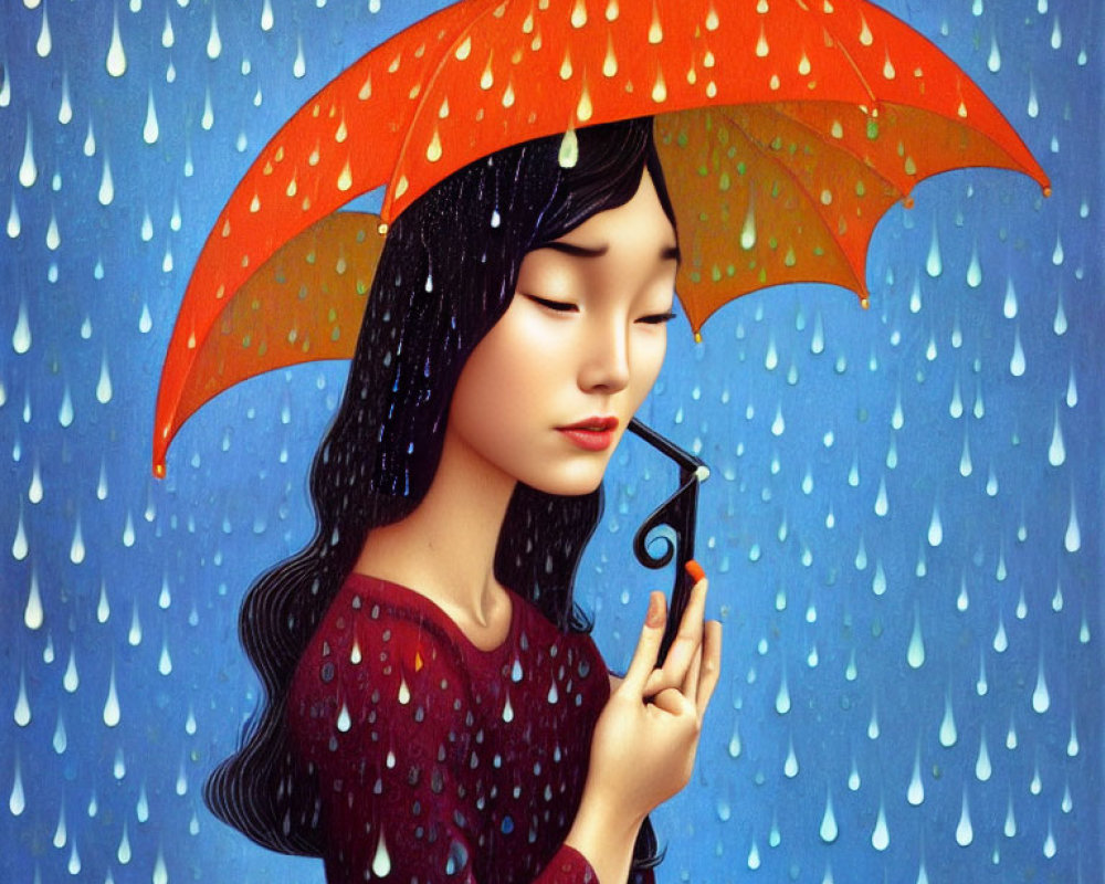 Illustrated girl with long black hair holding an orange umbrella in the rain