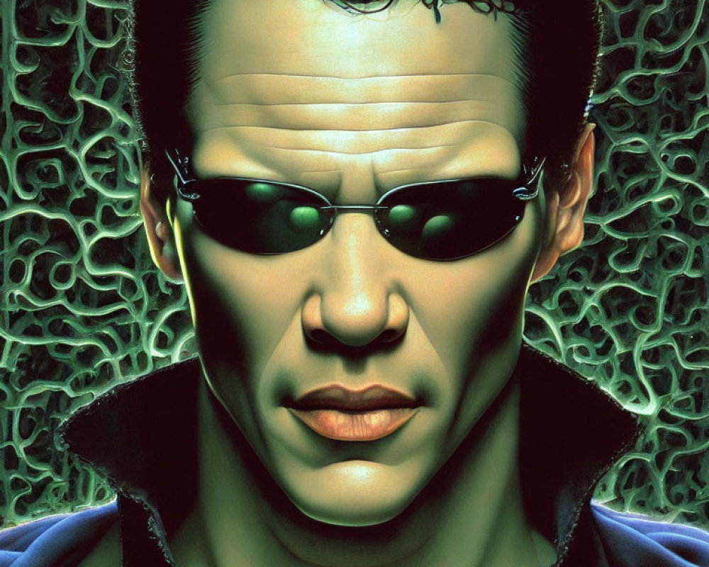 Stylized man with sunglasses on textured green background