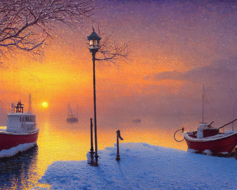 Snow-covered dock at sunset with boats, street lamp, and falling snowflakes.