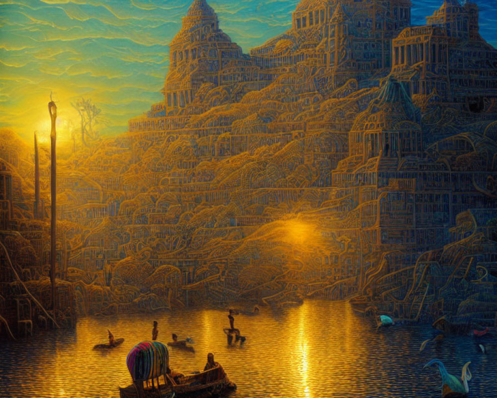 Surreal golden-lit cityscape with intricate buildings and birds in textured sky