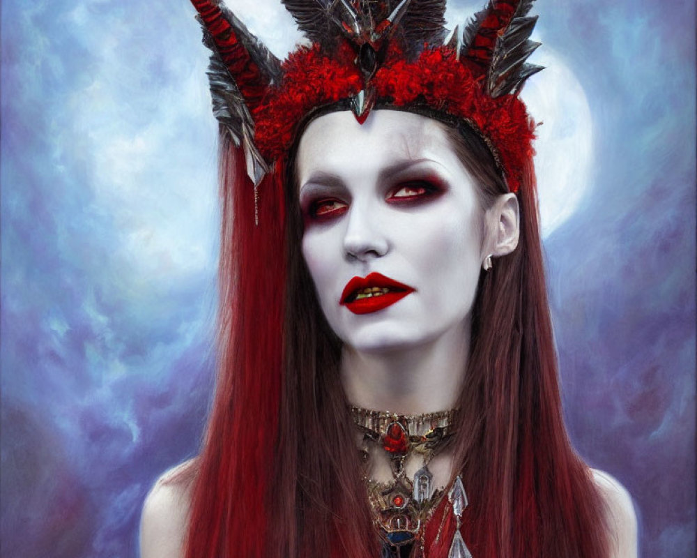 Vibrant red hair and makeup with dark ornate headdress under cloudy sky