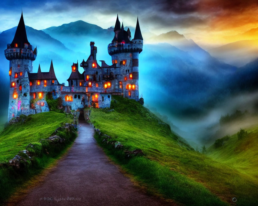 Enchanting castle on hill in foggy sunset