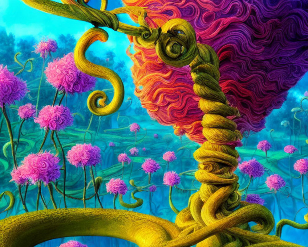 Colorful surreal tree with heart-shaped canopy in vibrant artwork