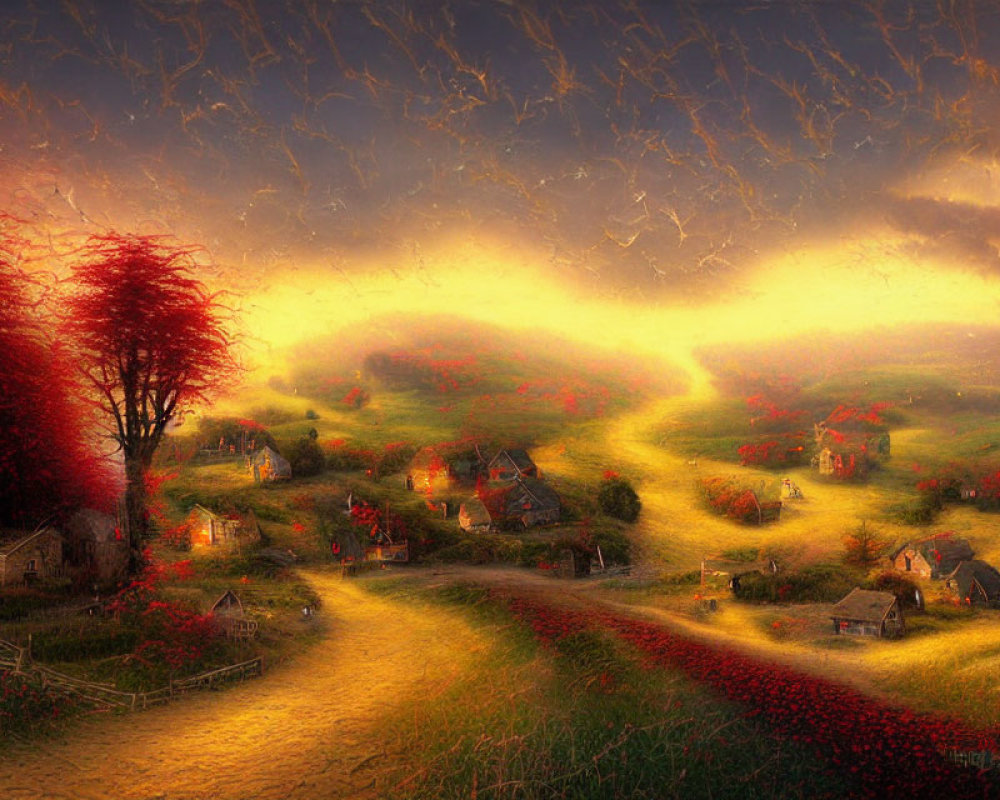 Rural sunset scene: winding road, rolling hills, blossoming trees, cozy cottages, red
