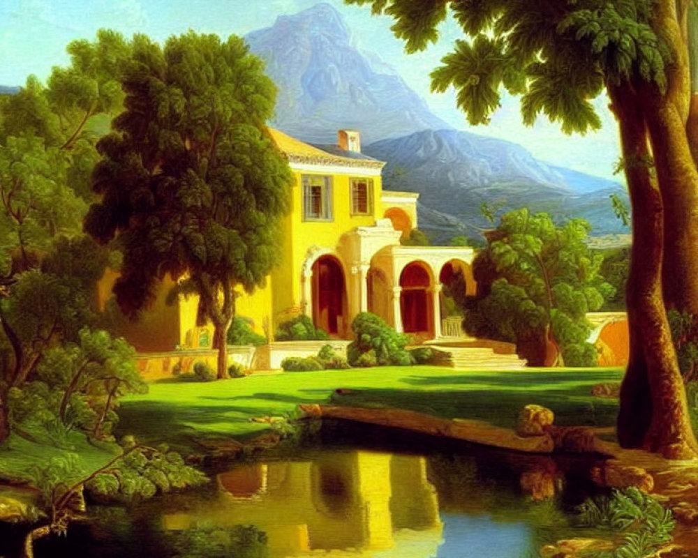 Tranquil painting of yellow villa, trees, pond, and mountain