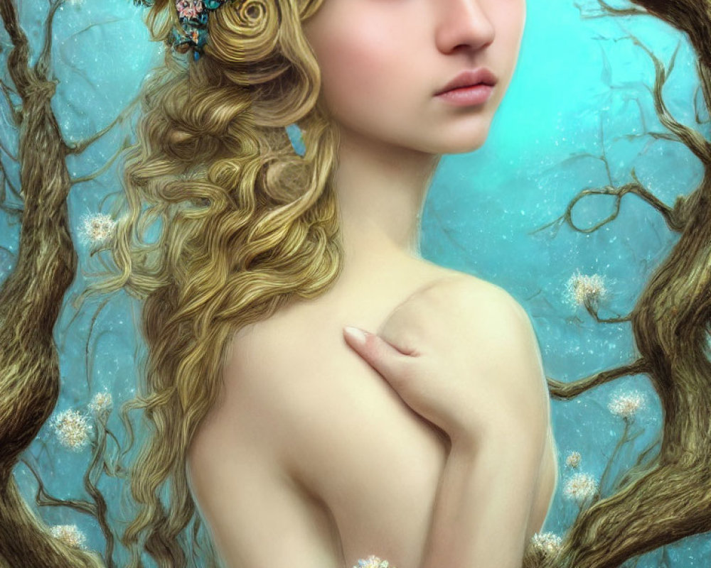 Woman with Golden Curls and Floral Headpiece Among Whimsical Tree Branches on Blue Starry