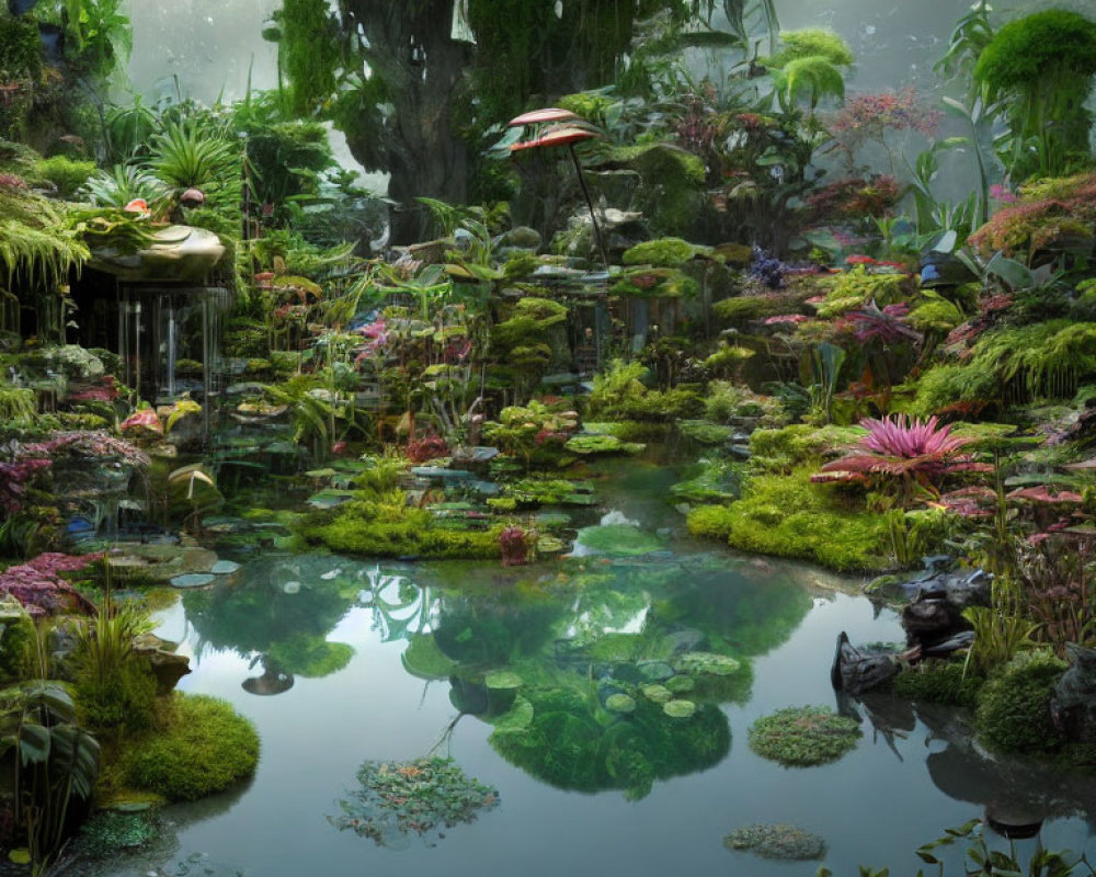 Lush Pond with Exotic Plants and Pagoda Amid Tranquil Water