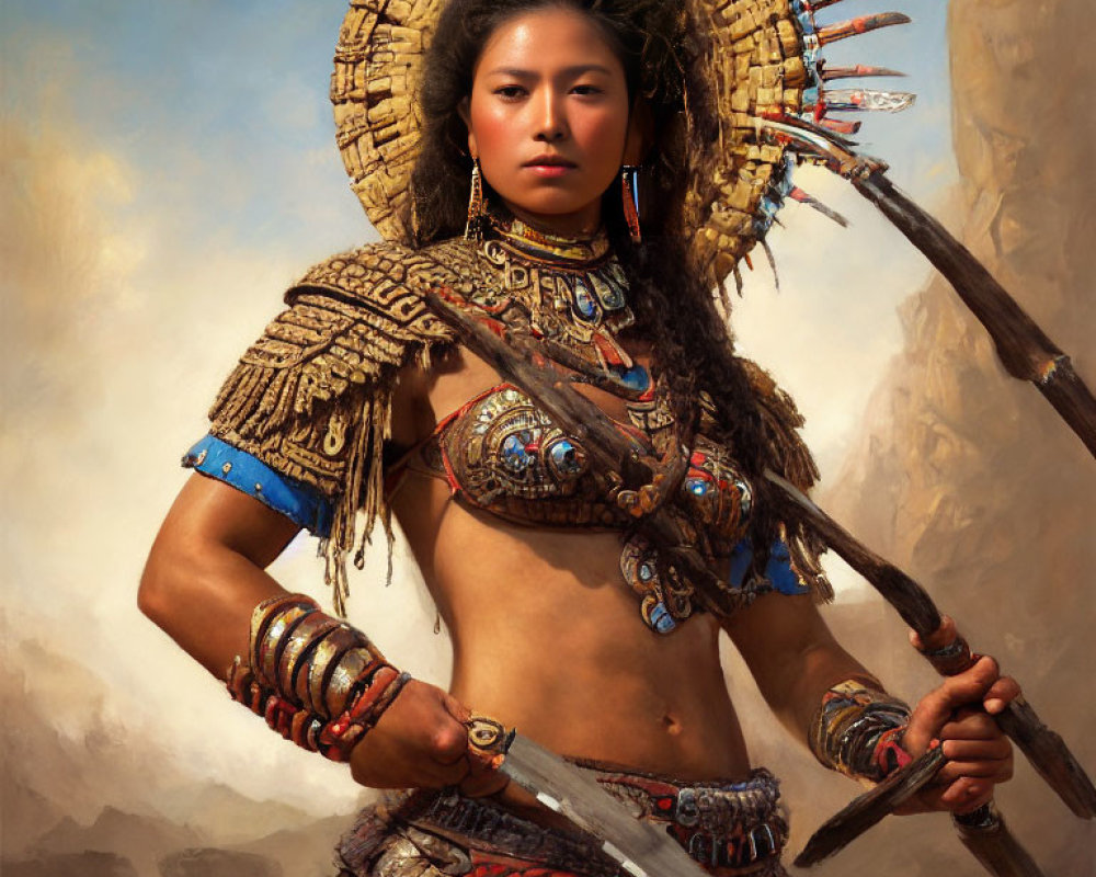 Traditional warrior woman in feathered headdress and armaments.