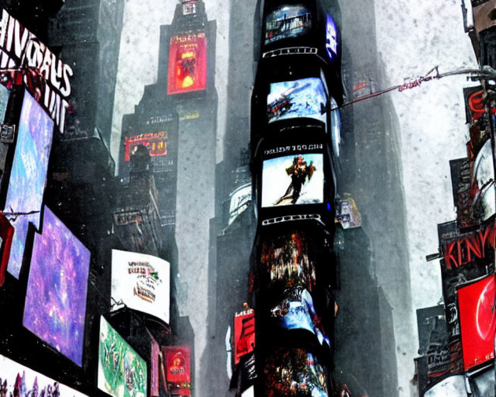 Snowy Times Square: Illuminated Billboards in Urban Blizzard