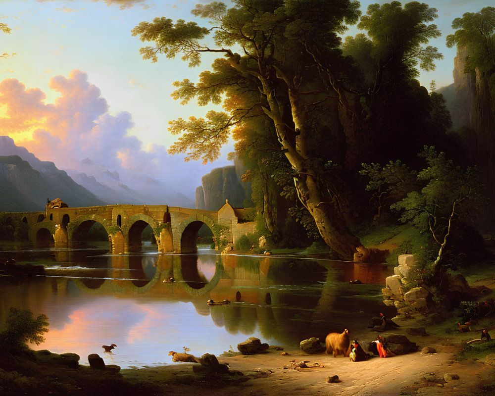 Tranquil landscape with stone bridge, river, cows, and colorful sky