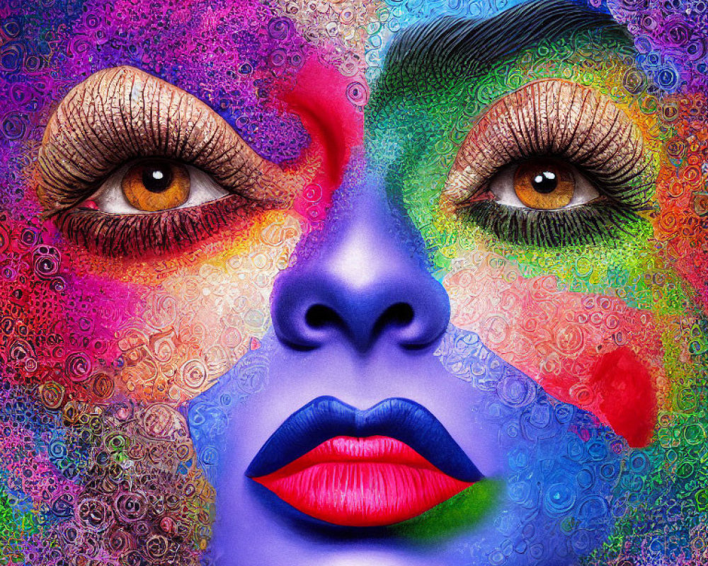 Vibrant woman's face with intricate patterns and bold colors
