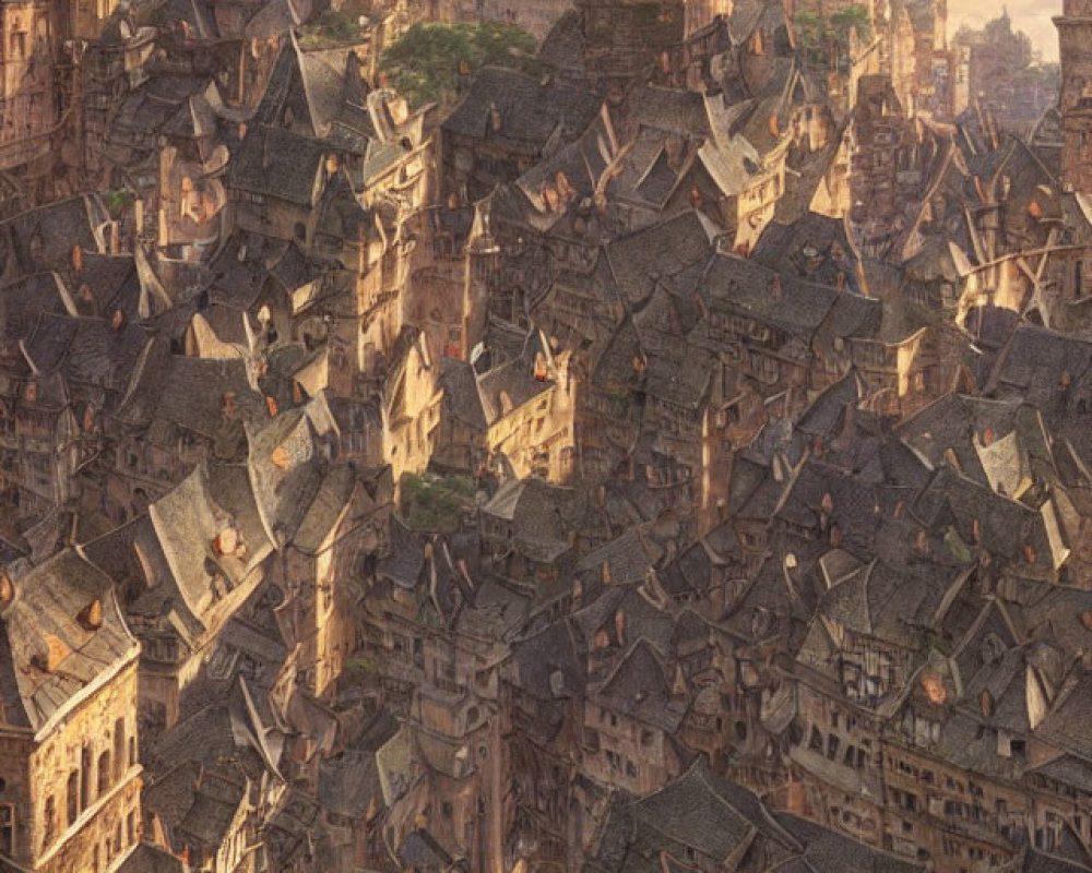 Medieval fantasy city with dense houses and stone towers under warm light