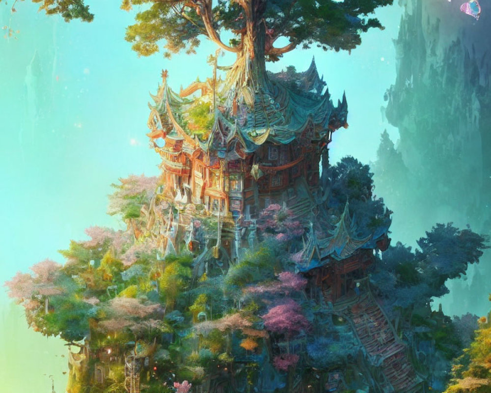 Mystical tree with embedded houses in lush foliage and misty cliffs