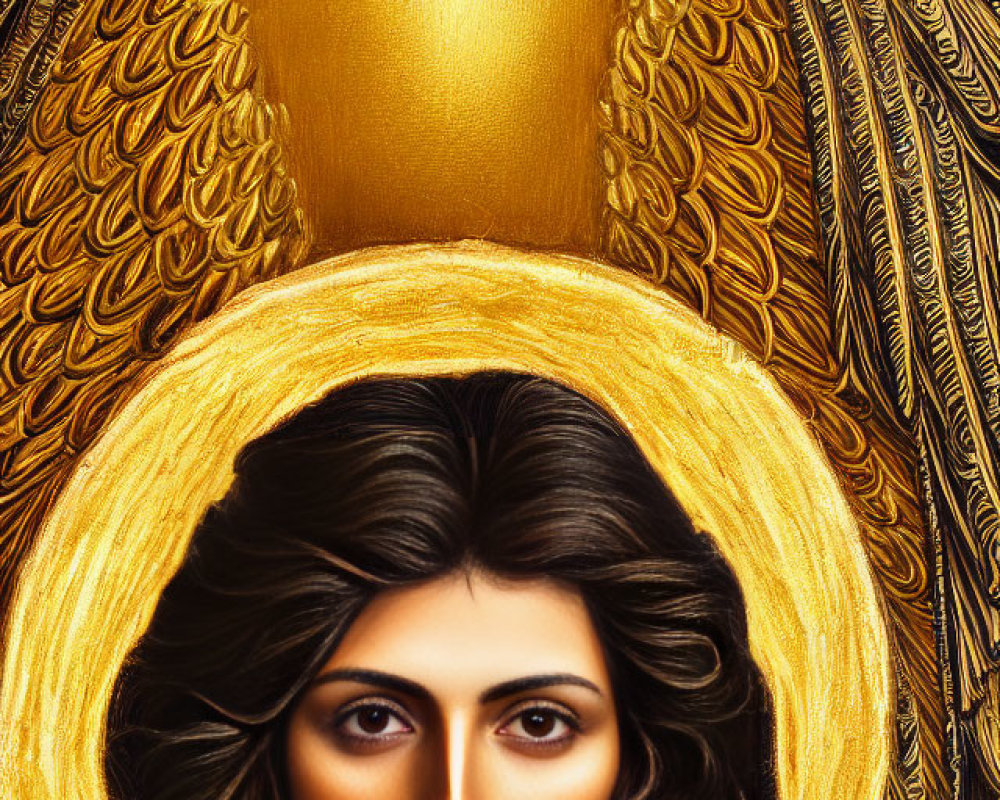 Detailed Golden Iconographic Image with Halo Figure and Feather-like Patterns