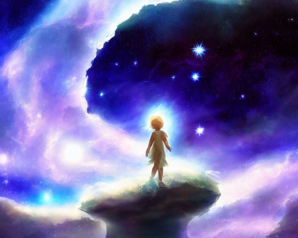 Silhouetted Figure on Floating Rock in Cosmic Backdrop