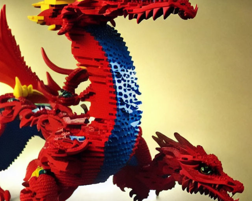 Colorful Lego Two-Headed Dragon Sculpture on Beige Background