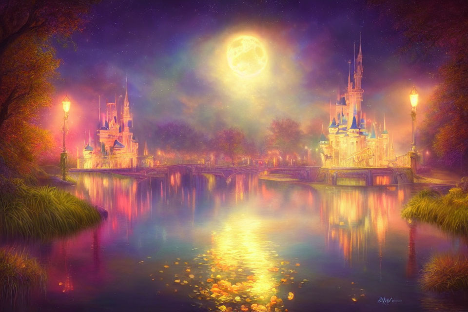 Enchanting castle scene under full moon with glowing lanterns