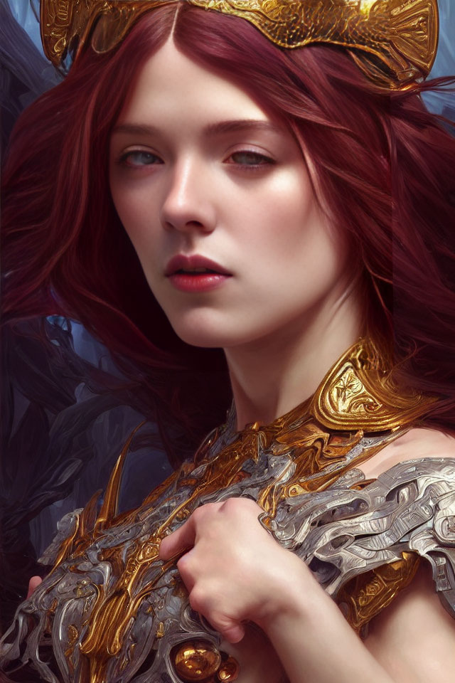 Red-haired woman in golden crown and silver armor gazing into the distance